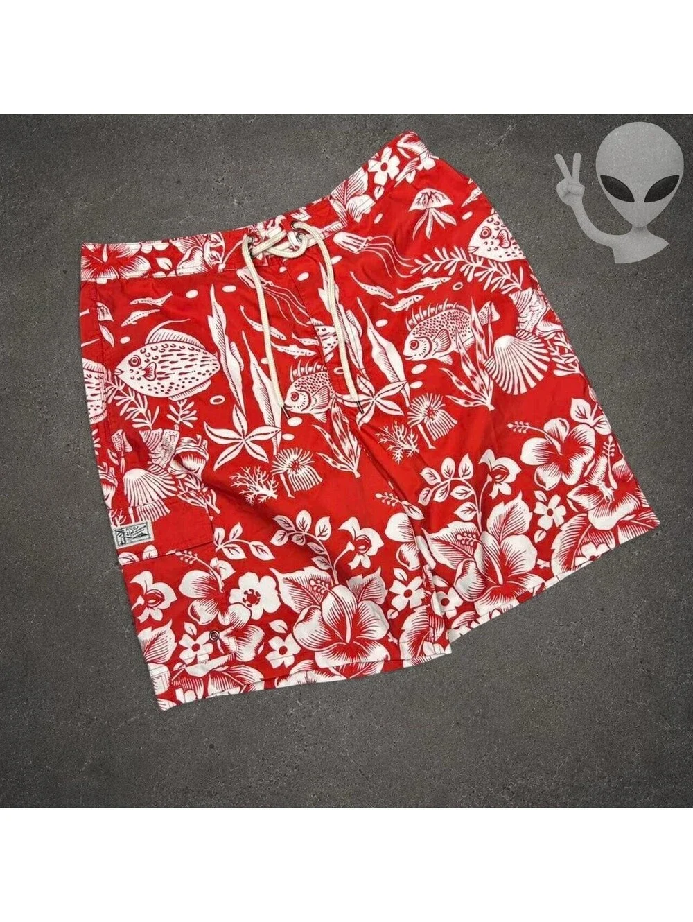 Polo Ralph Lauren Swim Trunks Mens US L Red White Tropical Fish Hibiscus Cargo